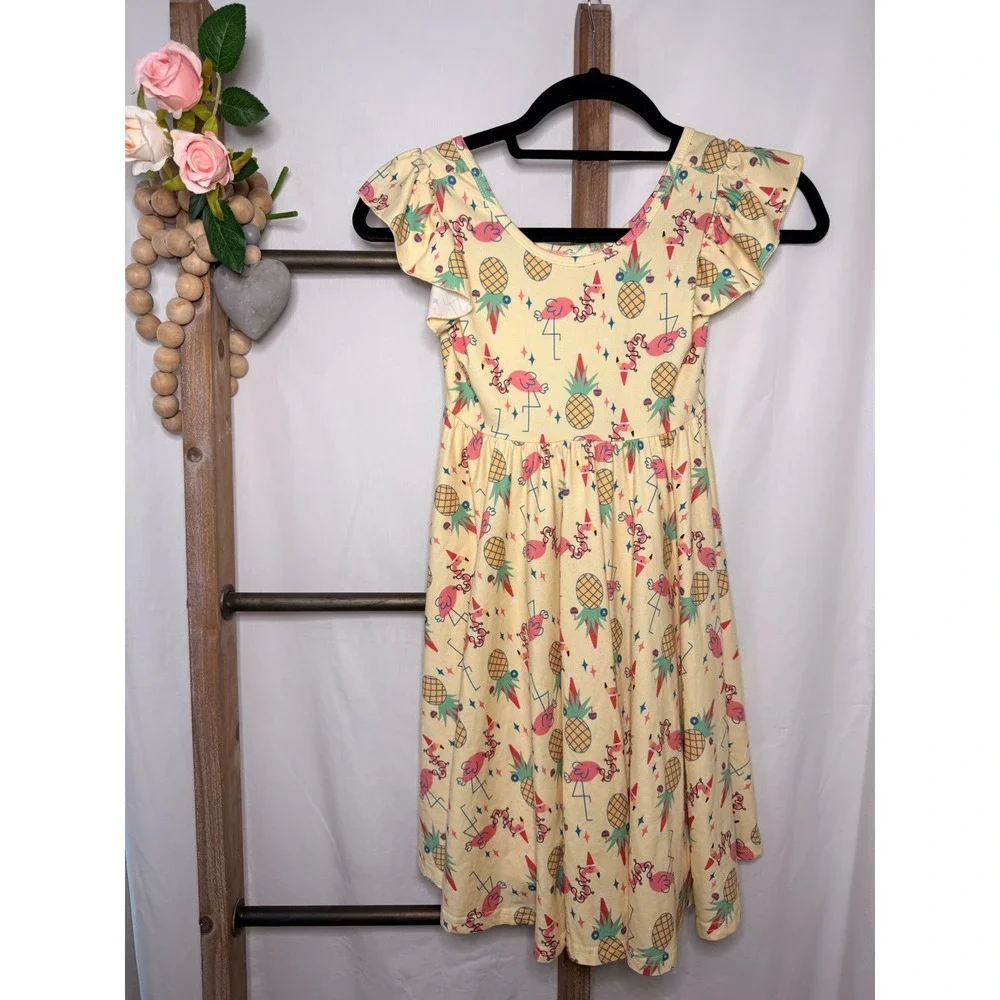 Dot Dot Smile Girls Yellow Flamingo Pineapple Flutter Sleeve Dress Size 7